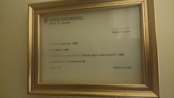 パリのインターコンチネンタル、ルグランホテルの宿泊料金