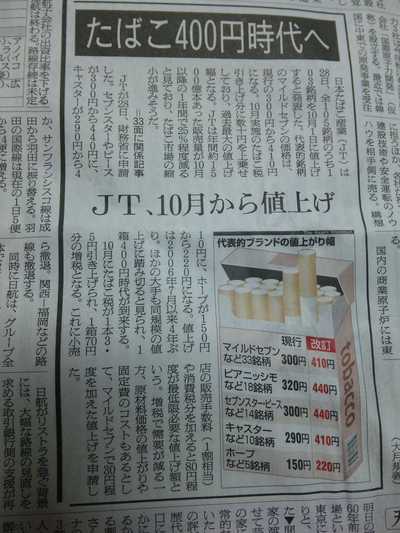 たばこ400円時代突入!