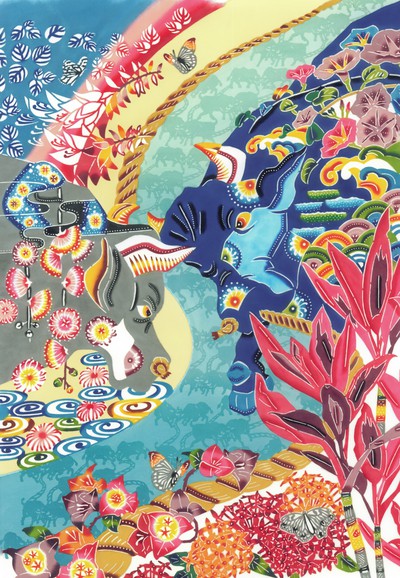 闘牛と沖縄の四季の草花 《琉球紅型アートパネル》